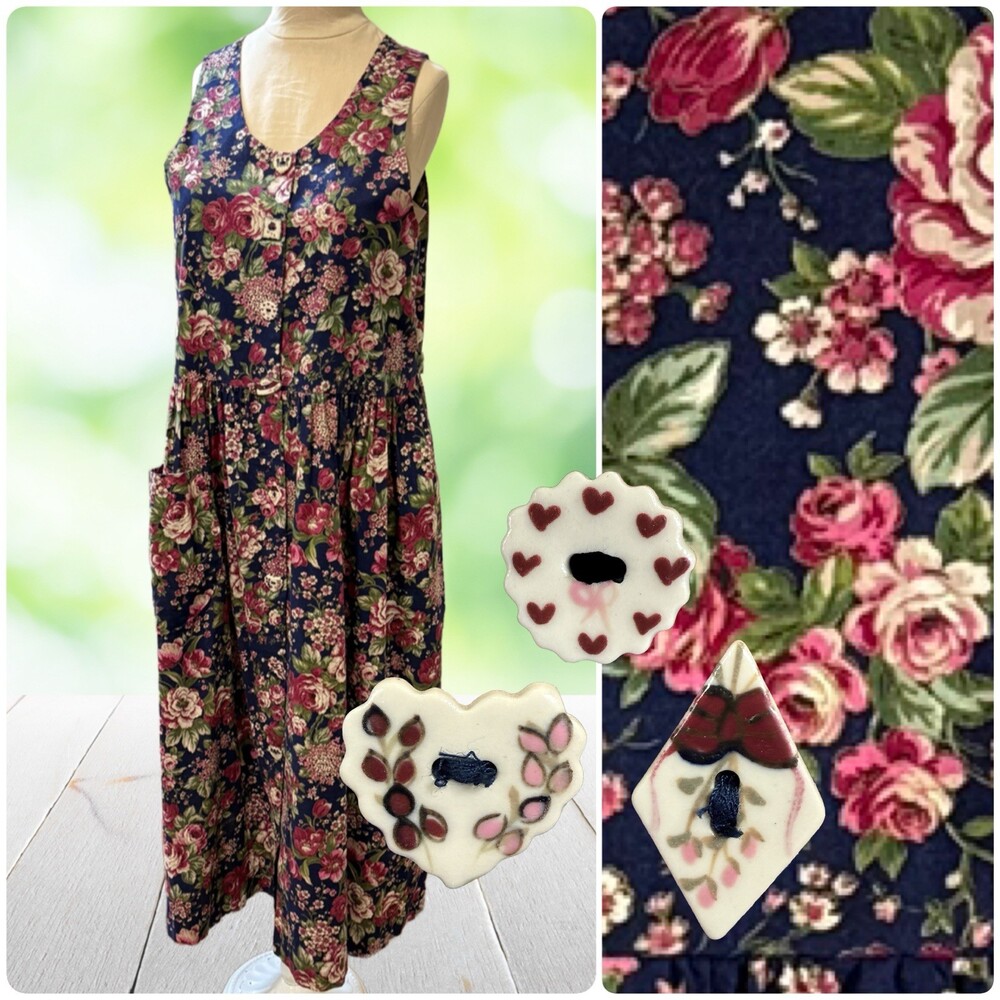 Vtg 80s DOGWOOD LANE Jumper Maxi Dress Pinafore Floral Handpainted Buttons USA M